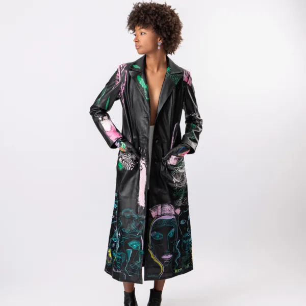 BASHAQUES “CHALLENGE ME” HAND PAINTED LEATHER COAT W/BELT