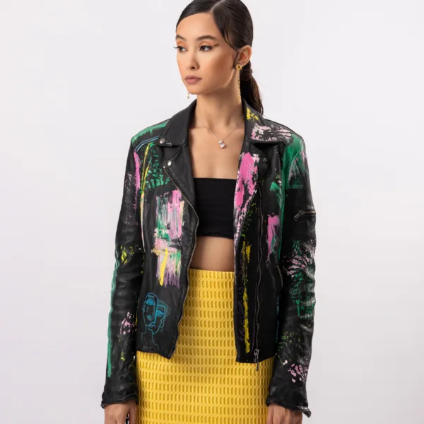 BASHAQUES “CHALLENGE ME” HAND PAINTED LEATHER BIKER JACKET