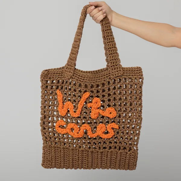 “WHO CARES” CROCHET TOTE BAG