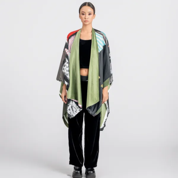 “STRIPED LETTERS” PRINTED VELVET CAPE- DOUBLE SIDED