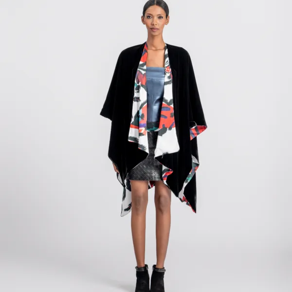 “FEATHER EYE” PRINTED VELVET CAPE- DOUBLE SIDED