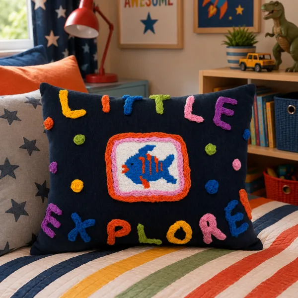 "LITTLE EXPLORER" KIDS RECTANGULAR CUSHION BY STITCH STUDIO - JANINEG