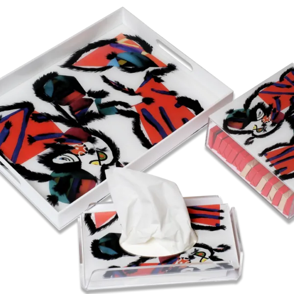 FEATHER EYE SET OF TRAY, TISSUE BOX AND SQUARE CHOCOLATE BOX
